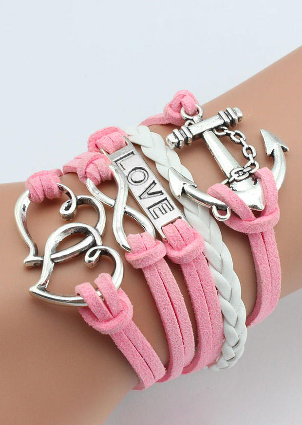 

Love Heart Anchor Multi-Layered Braided Bracelet, Pink, SCM021968