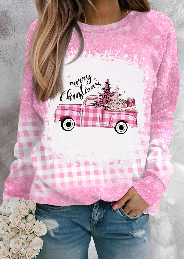 

Christmas Tree Truck Plaid Striped Sweatshirt - Pink, SCM022027