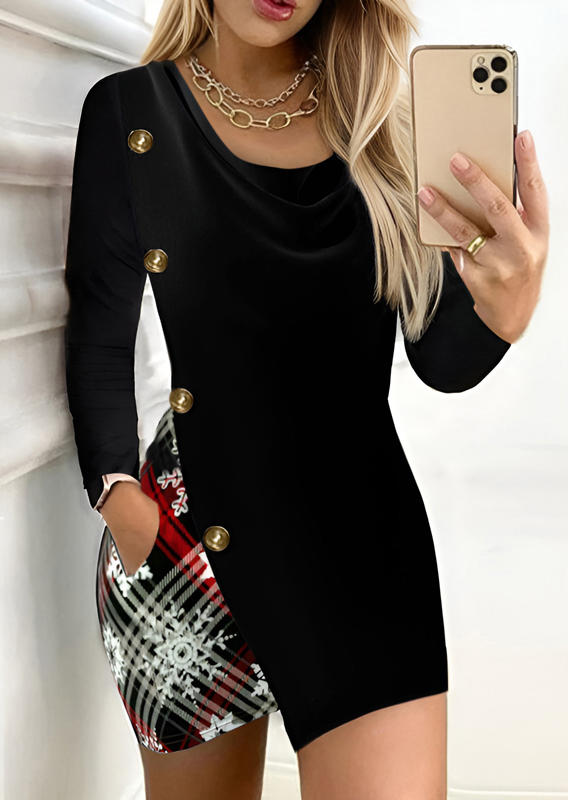 

Christmas Plaid Snowflake Button Pocket Mini Dress - Black, SCM021878