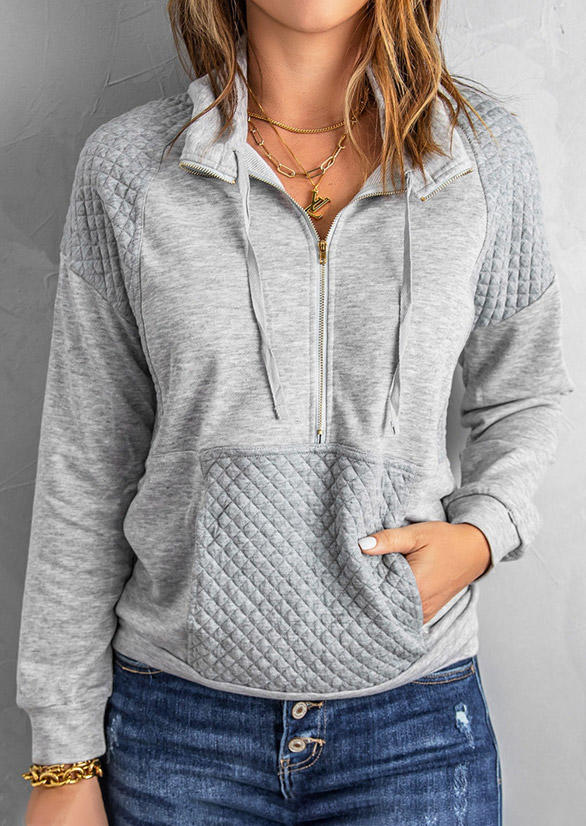 

Textured Zipper Pocket Turn-Down Collar Sweatshirt - Gray, SCM021952