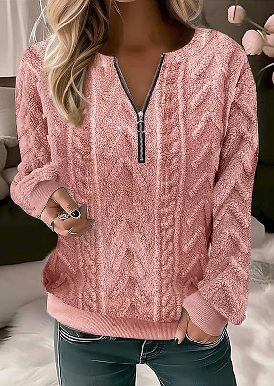 

Jacquard Fuzzy Zipper Collar Sweatshirt - Pink, SCM021960