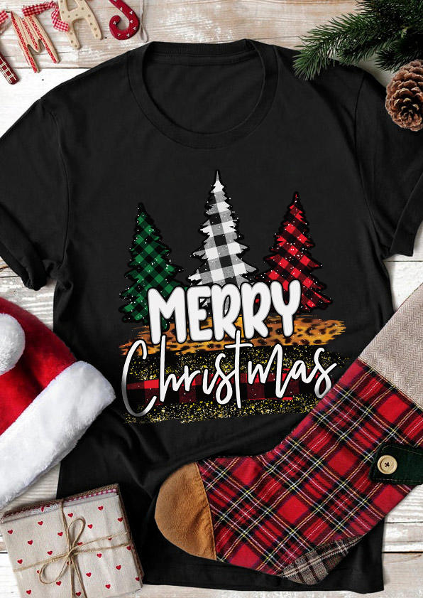 Merry Christmas Tree O-Neck T-Shirt Tee - Black