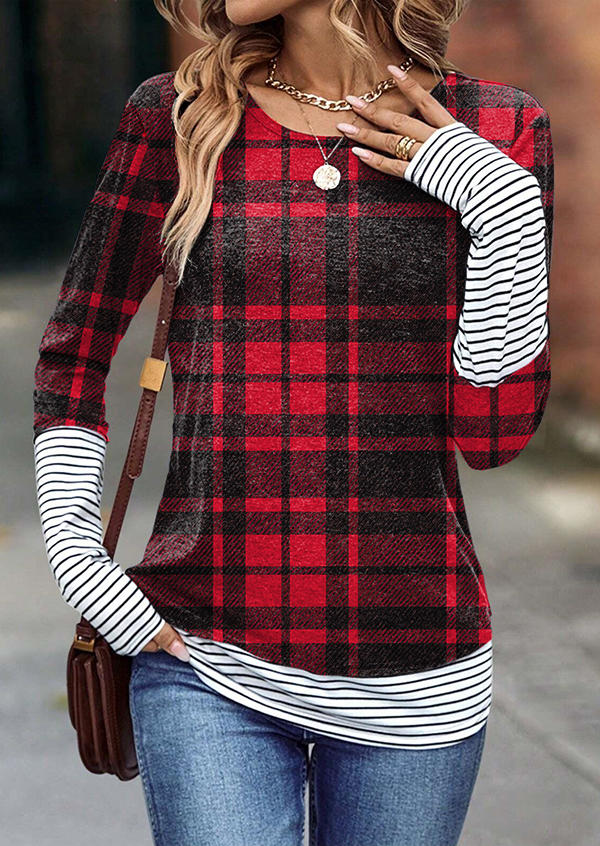 

Plaid Striped Long Sleeve Blouse, Multicolor, SCM022086