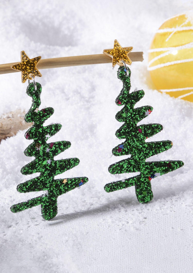

Christmas Glitter Tree Star Earrings, Green, SCM021970