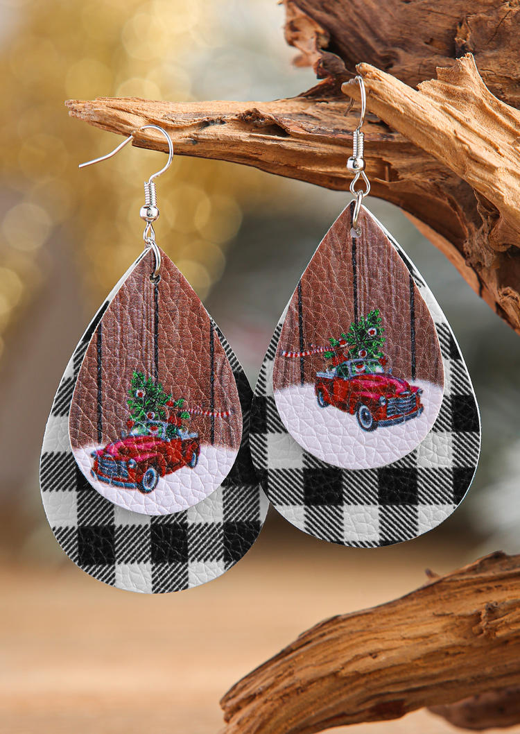

Christmas Plaid Truck Water Drop Leather Earrings, Black, SCM021996