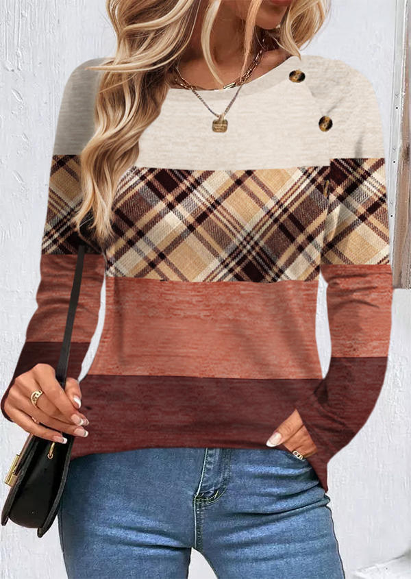 

Plaid Color-Blocked Button Raglan Sleeve Blouse, Multicolor, SCM022046