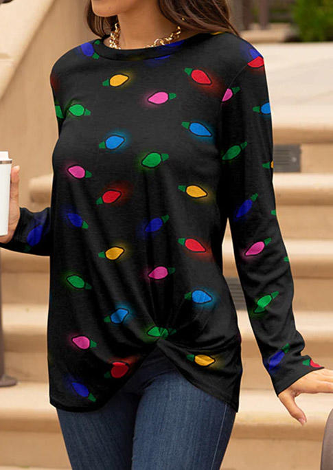 

Christmas Lights Twist Long Sleeve Blouse - Black, SCM022115