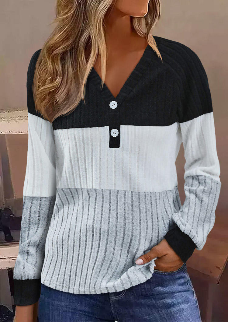 

Color-Blocked Ribbed V-Neck Blouse, Multicolor, SCM021963