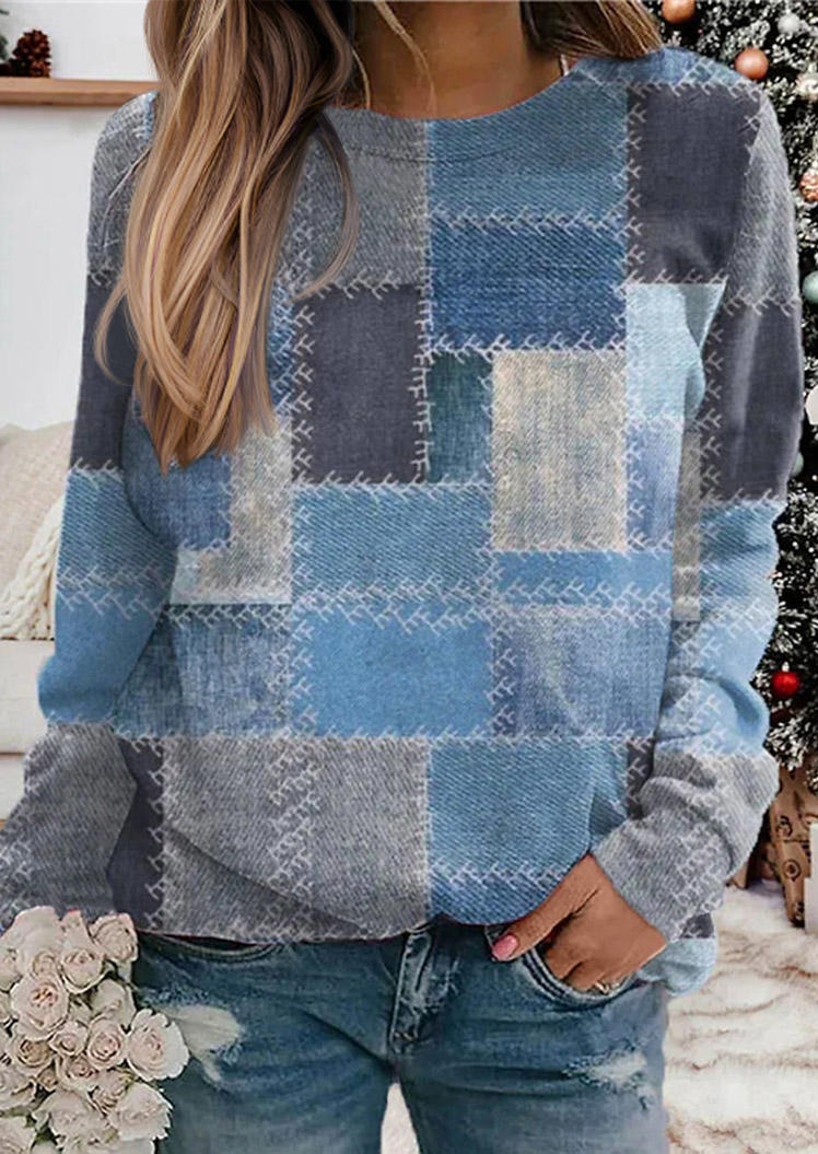 

Plaid Color-Blocked Sweatshirt - Blue, SCM021882