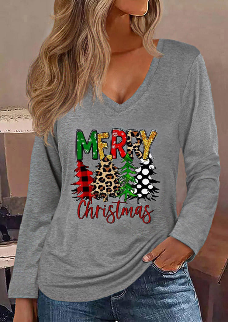 

Merry Christmas Trees V-Neck Blouse - Gray, SCM022006