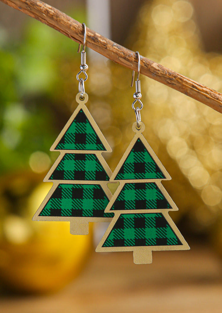 

Christmas Tree Plaid Wooden Earrings, Green, SCM022097