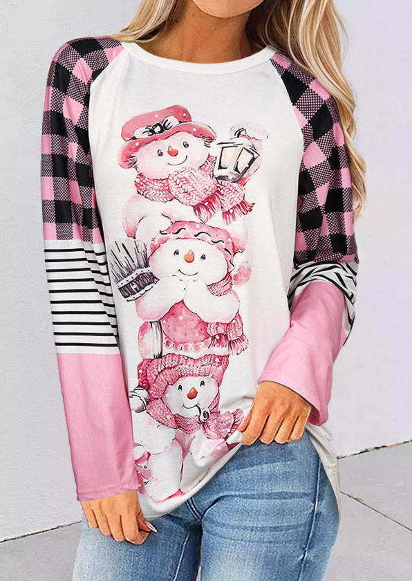 

Christmas Snowman Plaid Striped Blouse - Pink, SCM022049