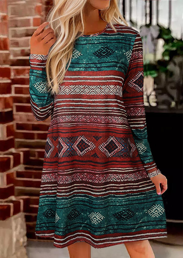 

Aztec Geometric Long Sleeve Mini Dress, Multicolor, SCM021827