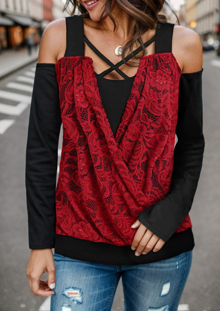 

Floral Lace Splicing Criss-Cross Cold Shoulder Blouse - Burgundy, Red, SCM020409