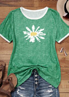 Daisy Floral Splicing O-Neck T-Shirt Tee - Green