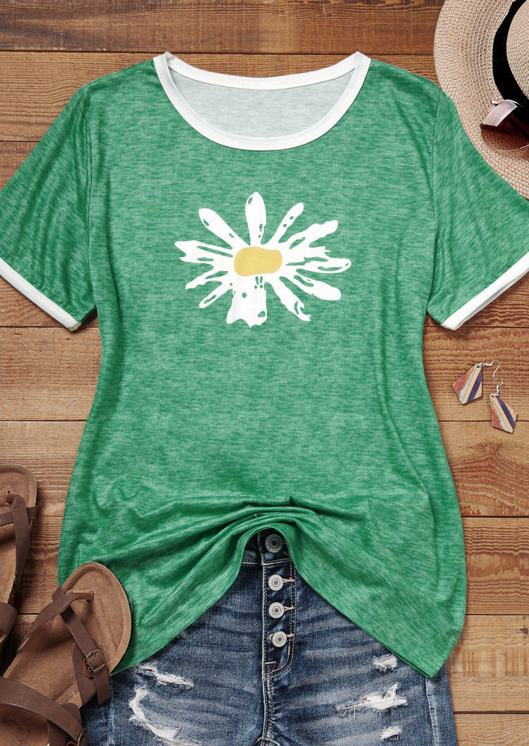 

Daisy Floral Splicing O-Neck T-Shirt Tee - Green, 475177